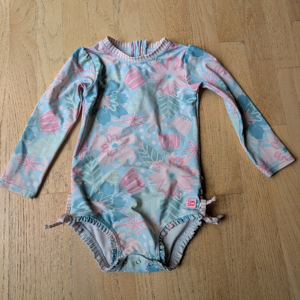 Ruffle Butts Floral Kids Swim Rashguard - Blue And Pink Floral Print Size 3T